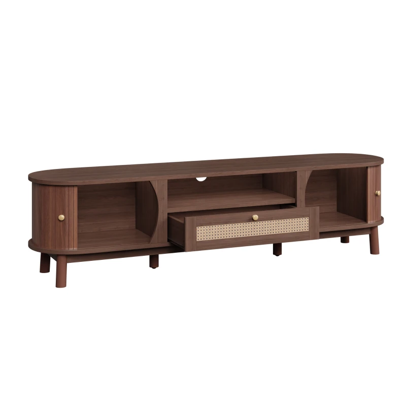 Rattan TV Stand with Solid Wood Doors and Drawers, Natural Country Style Storage Solution, Easy Installation, 65" L x 14.5" W x 18" H, Natural Walnut