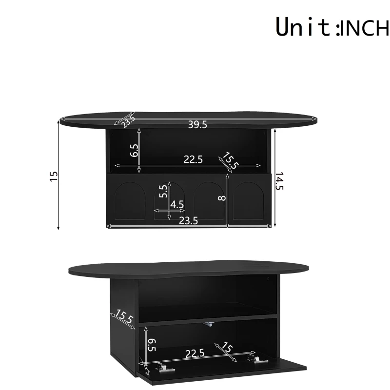 Cloud Coffee Table with Drawer and Open Storage, Particle Board and Modern Design, Easy to Install, 39.5" L x 23.5" W x 15" H, Black