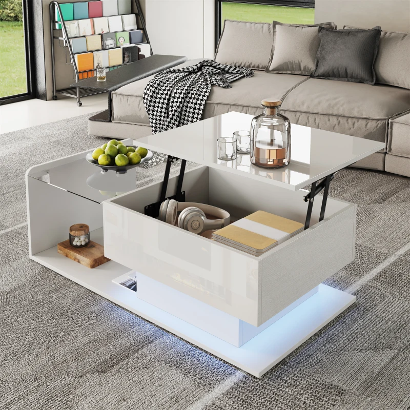 High-Gloss Coffee Table with Adjustable Height and LED Light Strip, Tempered Glass Top, Easy to Install, 39.5" L x 19.5" W x 13" H, White