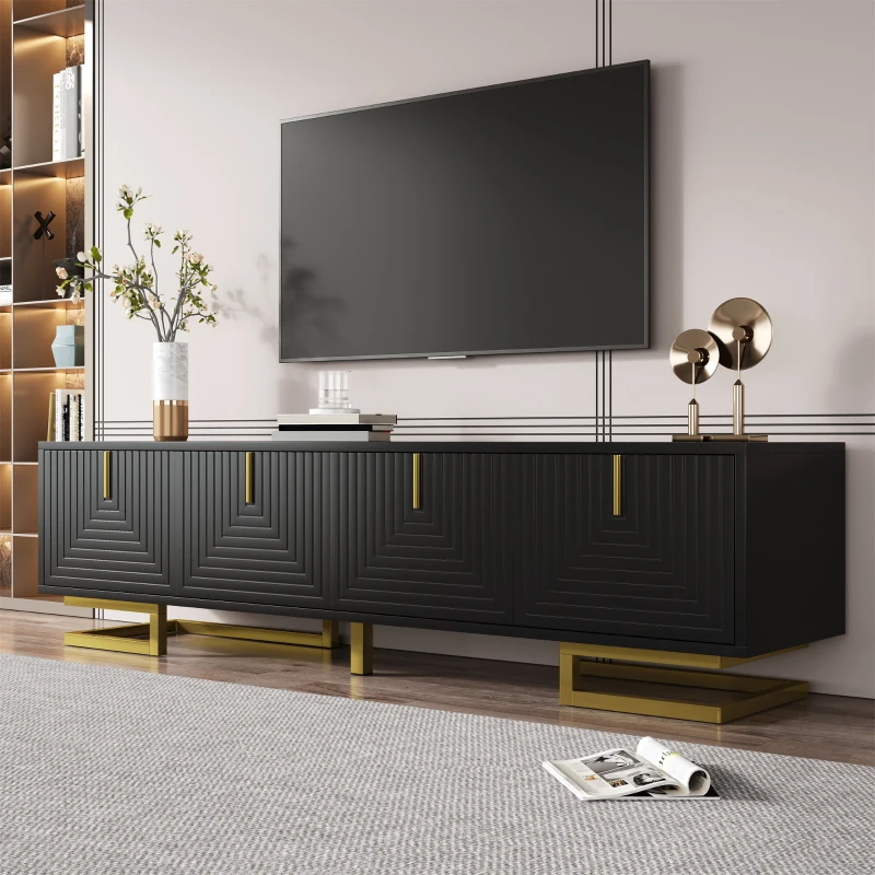 Modern TV Stand with Textured Doors, Gold Handles and Legs, Ample Storage Space, Easy to Install, 63" L x 15" W x 17.5" H, Black