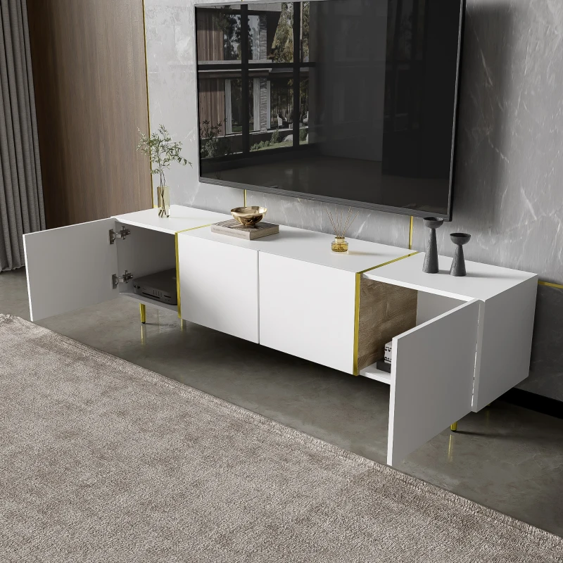 High-Gloss TV Stand with 4 Doors and Modern Minimalist Design, Soft-Close Hinges, Modern Design, Easy to Install, 67" L x 13.5" W x 18" H, White
