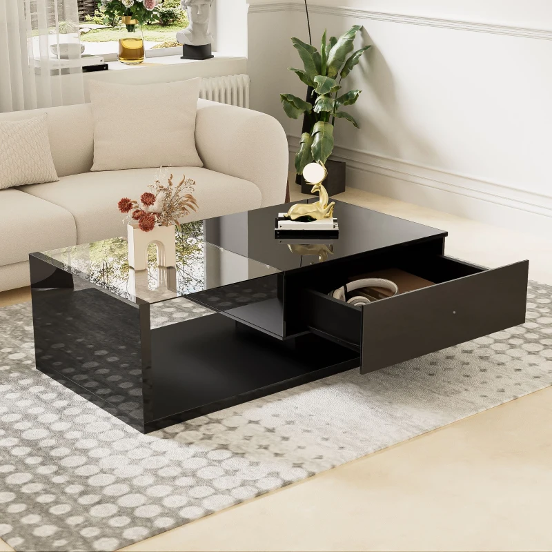 High-Gloss Black Coffee Table with Glass and LED Effect, Spacious Surface and Practical Storage, Easy to Install, 41.5" L x 21.5" W x 12.5" H, Black