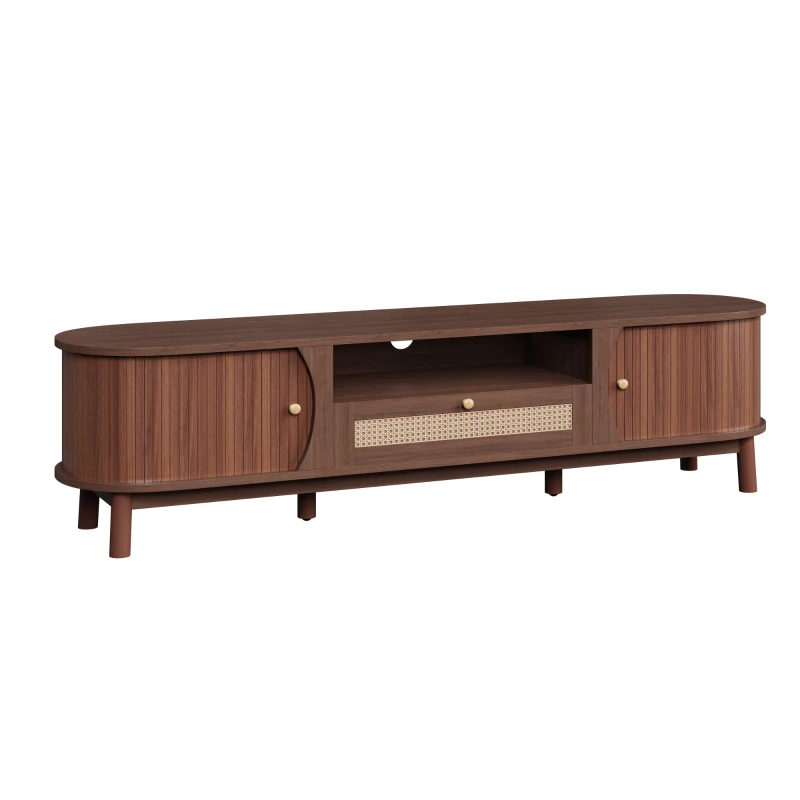 Rattan TV Stand with Solid Wood Doors and Drawers, Natural Country Style Storage Solution, Easy Installation, 65" L x 14.5" W x 18" H, Natural Walnut