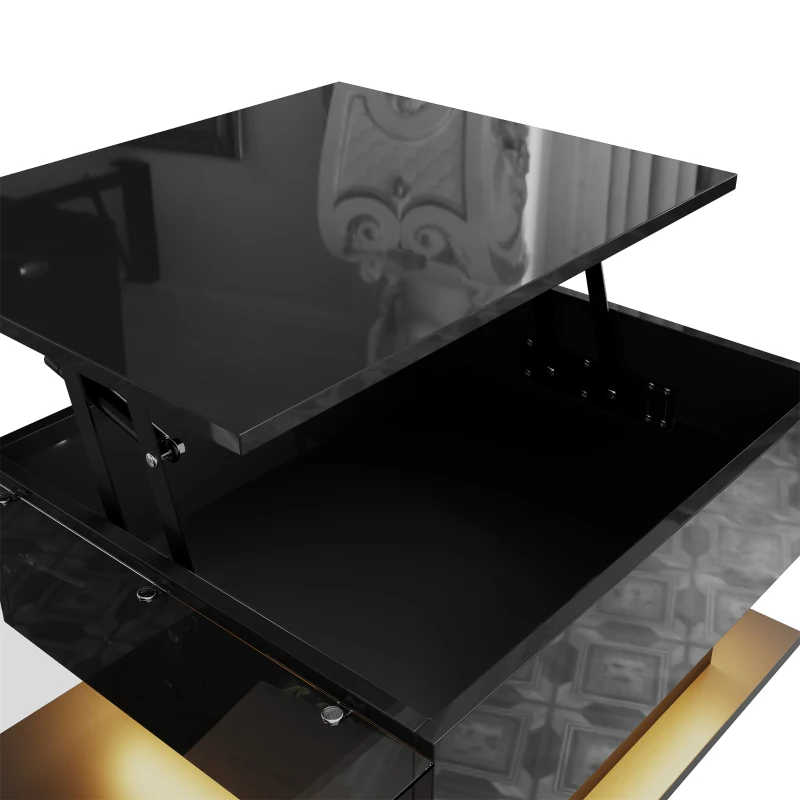 High-Gloss Coffee Table with Tempered Glass Top and LED Light Strip, Adjustable Height, Easy to Install, 39.5" L x 19.5" W x 13" H, Black
