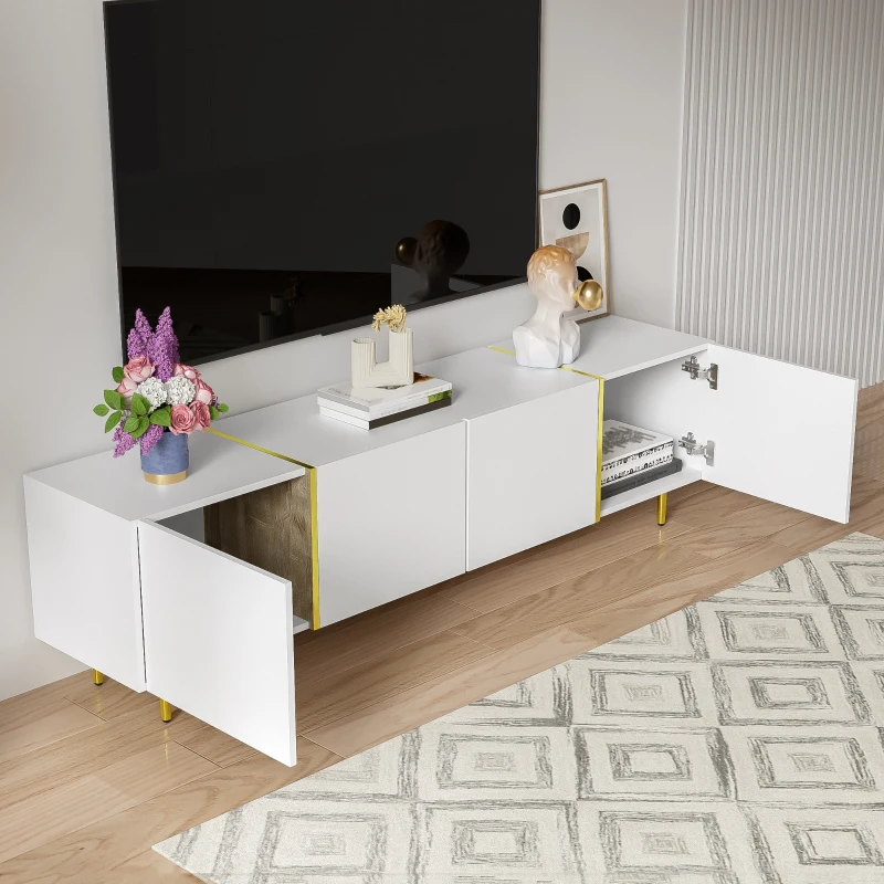 High-Gloss TV Stand with 4 Doors and Modern Minimalist Design, Soft-Close Hinges, Modern Design, Easy to Install, 67" L x 13.5" W x 18" H, White