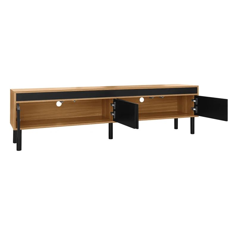 TV Stand with Elegant Stripe Design and Sturdy Wooden Legs, Three Doors, Practical and Easy Access, 67" L x 15" W x 18.5" H, Black+Natural