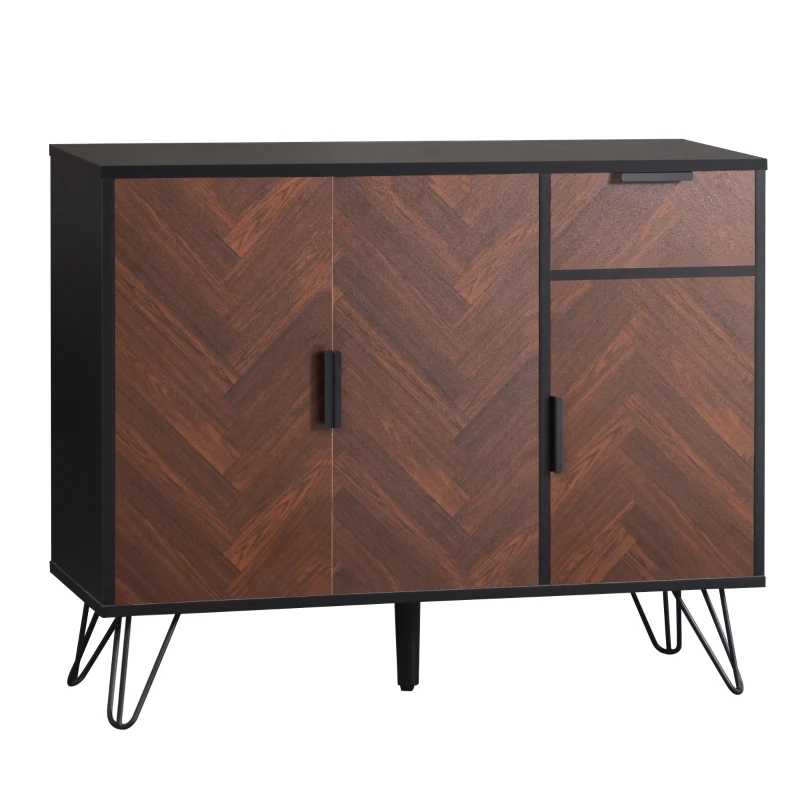 Modern Storage Cabinet with Drawer and Adjustable Shelves, Sideboard with Black Metal Feet, 35.5" L x 11.5" W x 28.5" H, Black+Wood