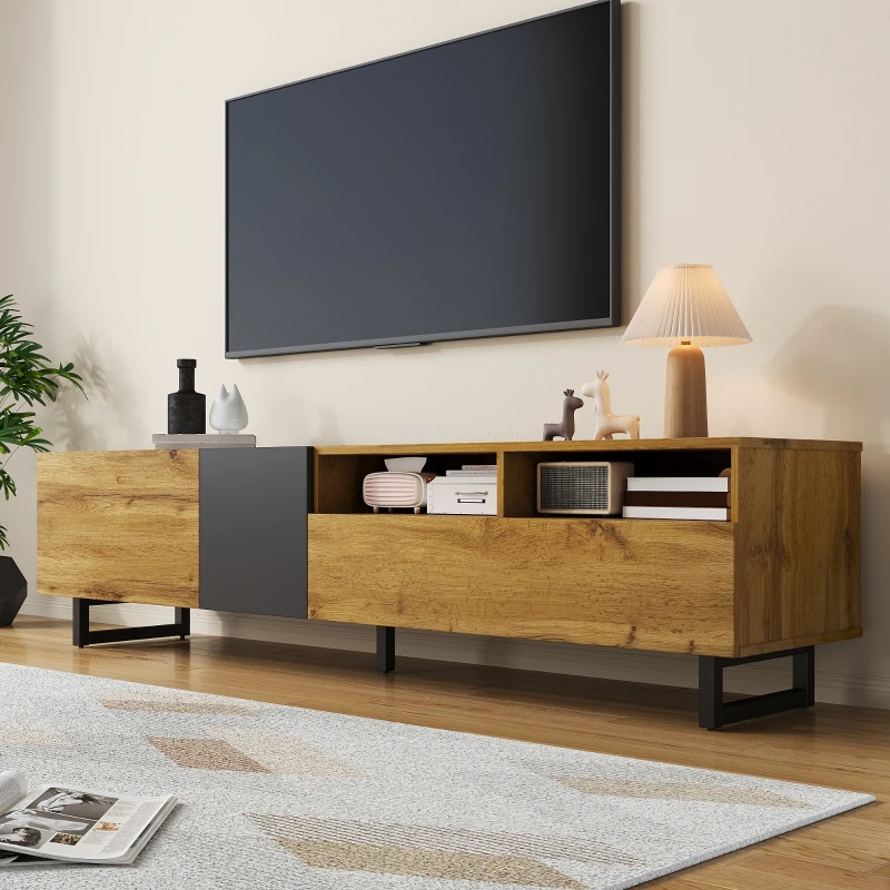 Colour Coordinated TV Stand with U-Shaped Metal Legs, 3 Doors and 2 Compartments, Easy Assembly, 67" L x 14" W x 16.5" H, Black+Natural