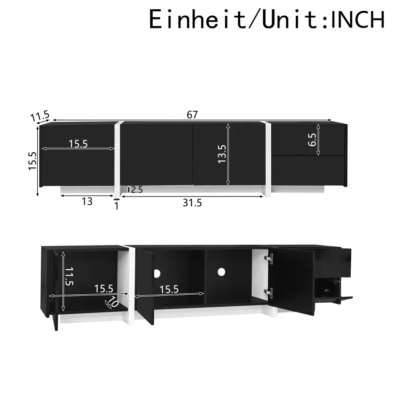 Modern TV Cabinet with High Gloss Finish and LED Light Strip, Ample Storage Space, Easy Assembly, 67" L x 11.5" W x 11.5" H, Black