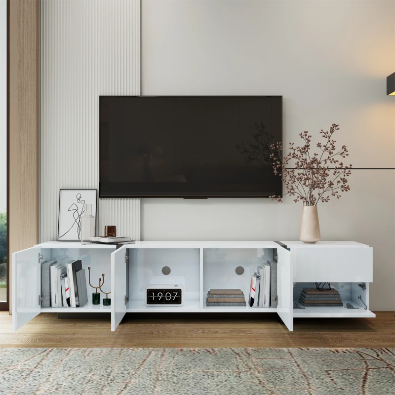 Modern TV Cabinet with High Gloss Finish, Ample Storage with Drawers and Cabinets, Easy Installation, 67" L x 11.5" W x 11.5" H, White