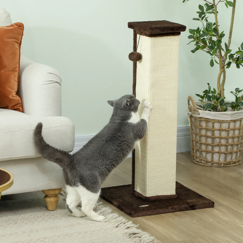 PawHut 32" Tall Cat Scratching Post for Indoor Cats and Kittens, Sisal Cat Scratcher with Hanging Ball Soft Plush, Brown