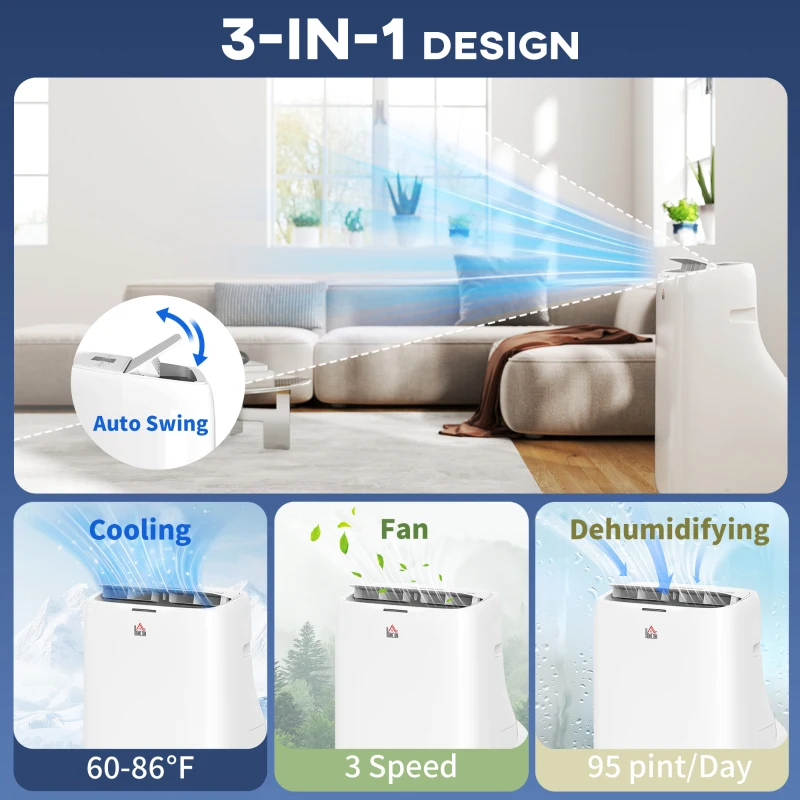 HOMCOM 14000 BTU Portable Air Conditioner, Inverter & Dual Hose AC Unit w/ Cool, Dehumidifier, Fan, for 700 Sq. ft, Window Kit