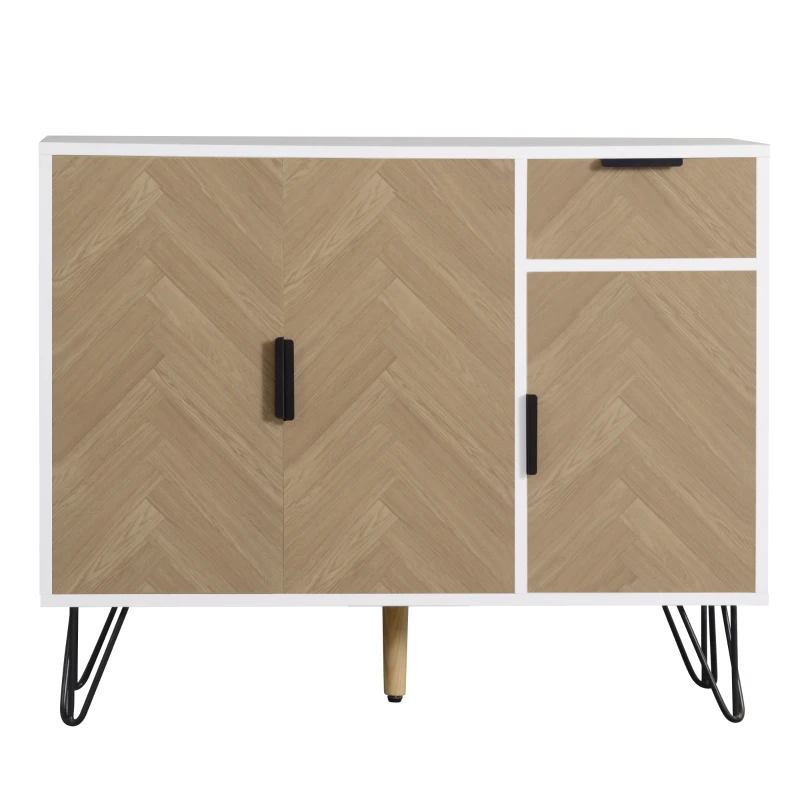 Modern Storage Cabinet with Drawer and Adjustable Shelves, Sideboard with Soft-Close Hinges, 35.5" L x 11.5" W x 28.5" H, White+Wood