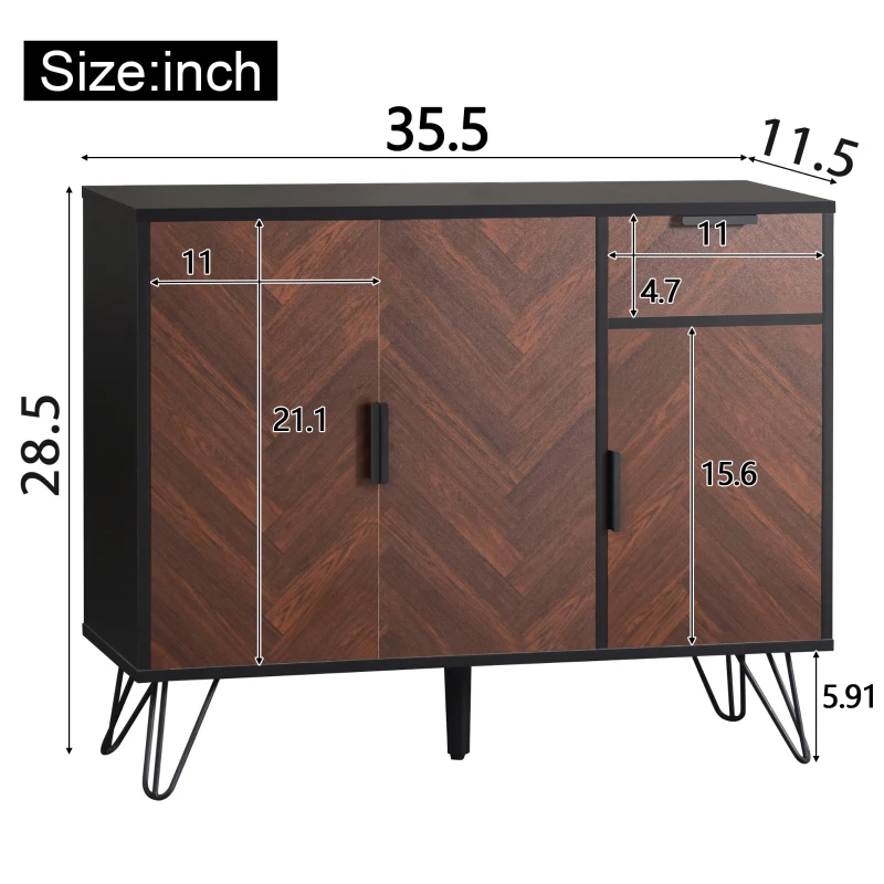 Modern Storage Cabinet with Drawer and Adjustable Shelves, Sideboard with Black Metal Feet, 35.5" L x 11.5" W x 28.5" H, Black+Wood