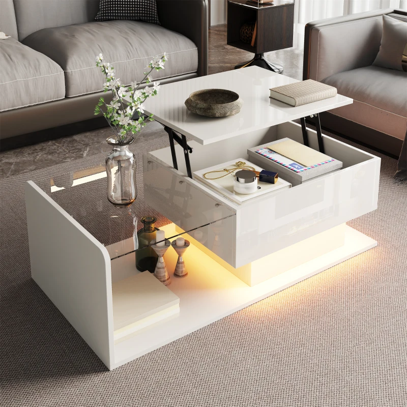 High-Gloss Coffee Table with Adjustable Height and LED Light Strip, Tempered Glass Top, Easy to Install, 39.5" L x 19.5" W x 13" H, White