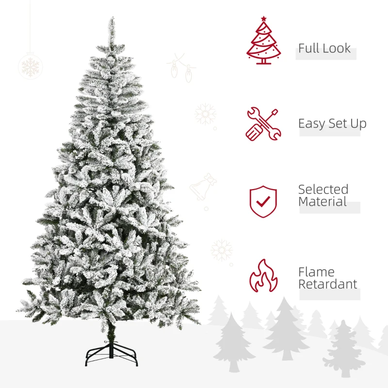 HOMCOM 7.5ft Flocked Christmas Tree, Pine Artificial Christmas Tree with 1300 Branches Tips, Steel Base, Automatic Open, Green