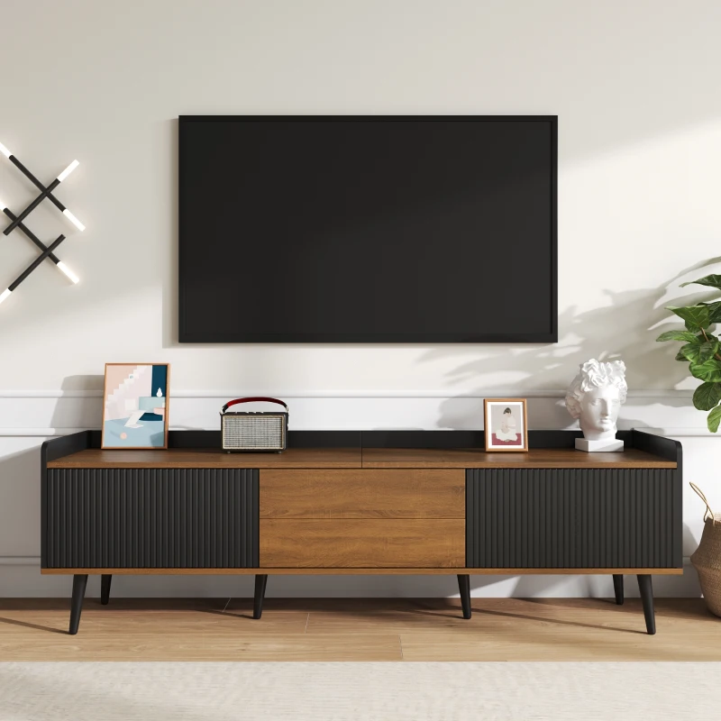 TV Stand with Three Doors, Raised Edge for Safety, Sturdy Wooden Legs, Modern Design, Easy to Install, 63" L x 15.5" W x 19.5" H, Black+Natural