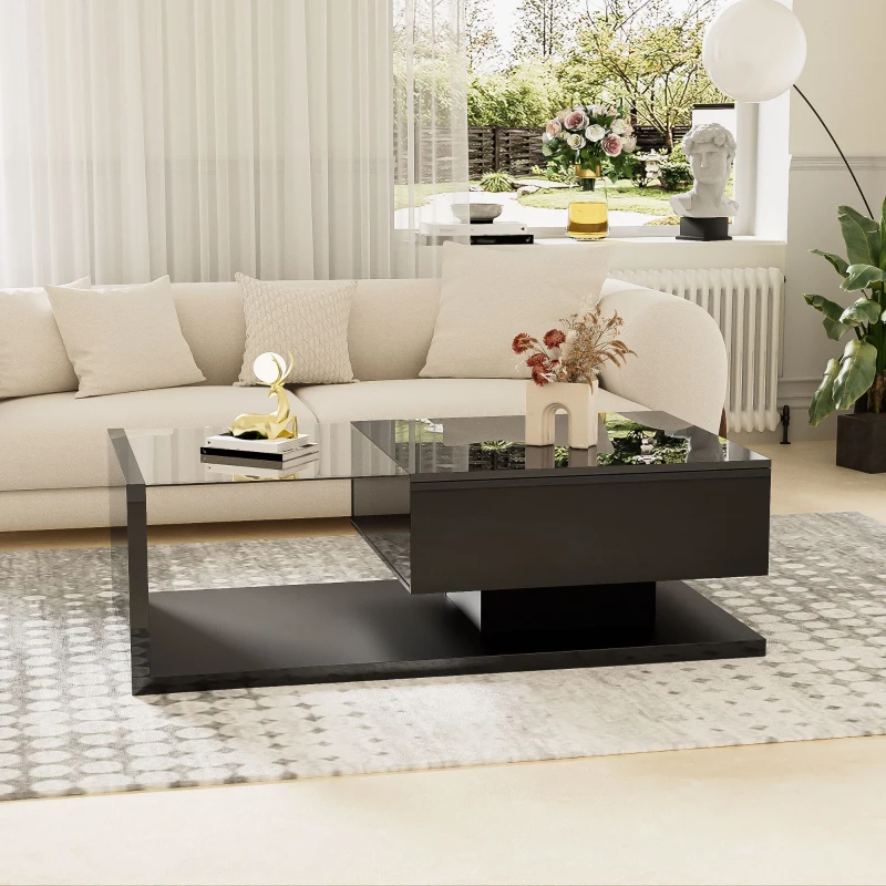 High-Gloss Black Coffee Table with Glass and LED Effect, Spacious Surface and Practical Storage, Easy to Install, 41.5" L x 21.5" W x 12.5" H, Black