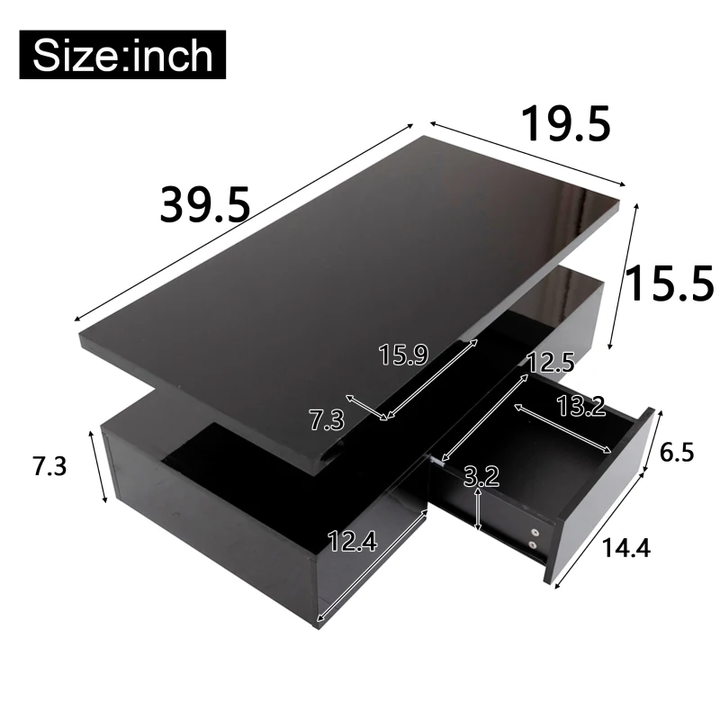 Modern High-Gloss Coffee Table with Hidden Drawer, Durable Particle Board, Modern Design, Easy to Install, 39.5" L x 19.5" W x 15.5" H, Black