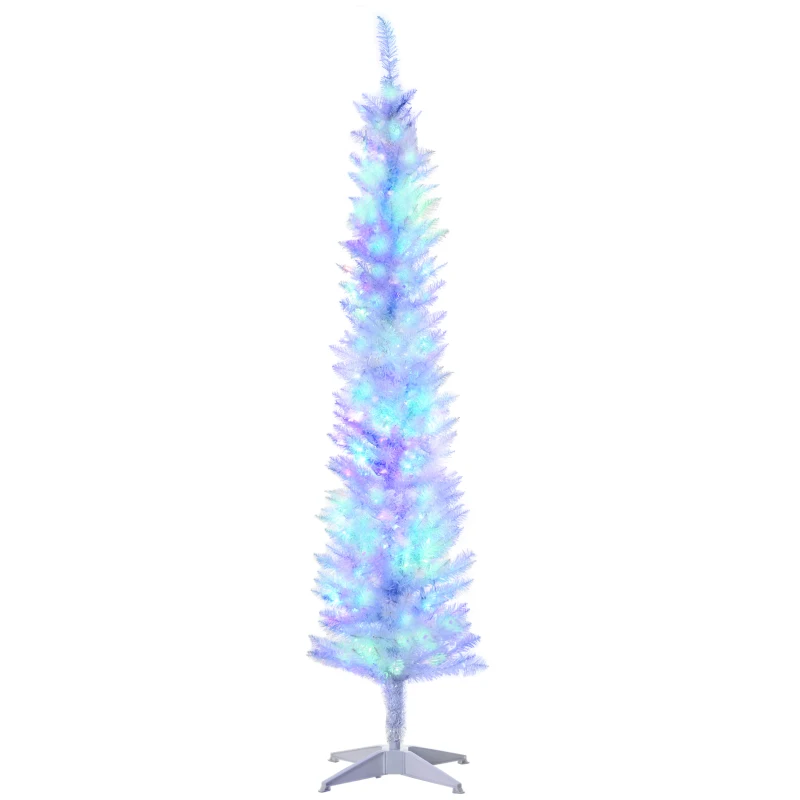 HOMCOM 6' Prelit Christmas Trees, Pencil Artificial Christmas Tree with Colourful Surface Tips, Colourful LED Lights, White