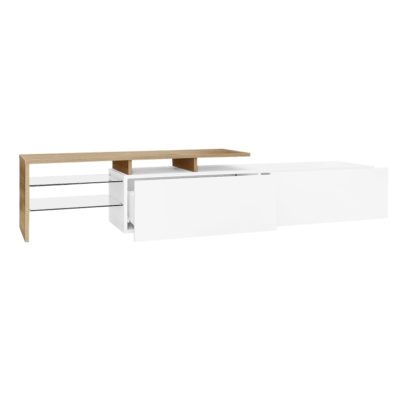 Modern TV Stand with Glass Shelves and LED Lighting, High-Gloss Finish, Smart Storage Solution, 67" L x 13" W x 13" H, White+Natural