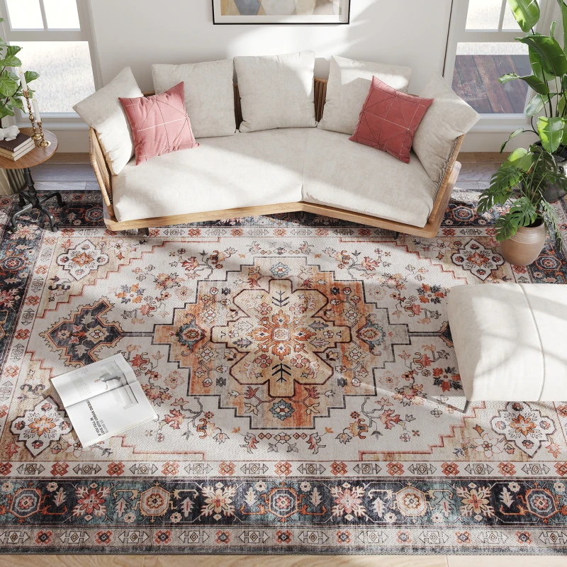 HOMCOM Area Rug 8x10, Machine Washable Rug, Non-Slip Boho Print Pattern Medallion Carpet for Living Room, Bedroom, Tawny Brown