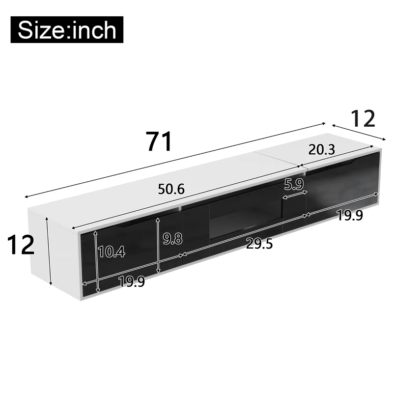 High-Gloss TV Stand with Colour-Changing LED Lighting and Versatile Mounting Options, Easy to Install, 71" L x 12" W x 12" H, Black+White