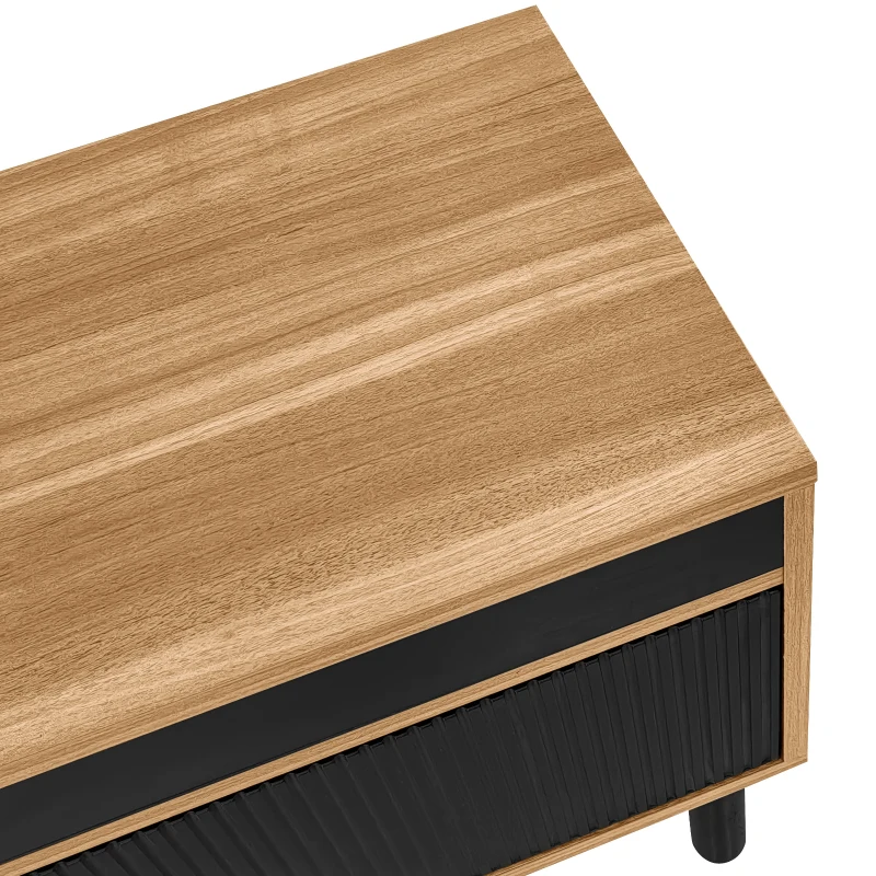 TV Stand with Elegant Stripe Design and Sturdy Wooden Legs, Three Doors, Practical and Easy Access, 67" L x 15" W x 18.5" H, Black+Natural