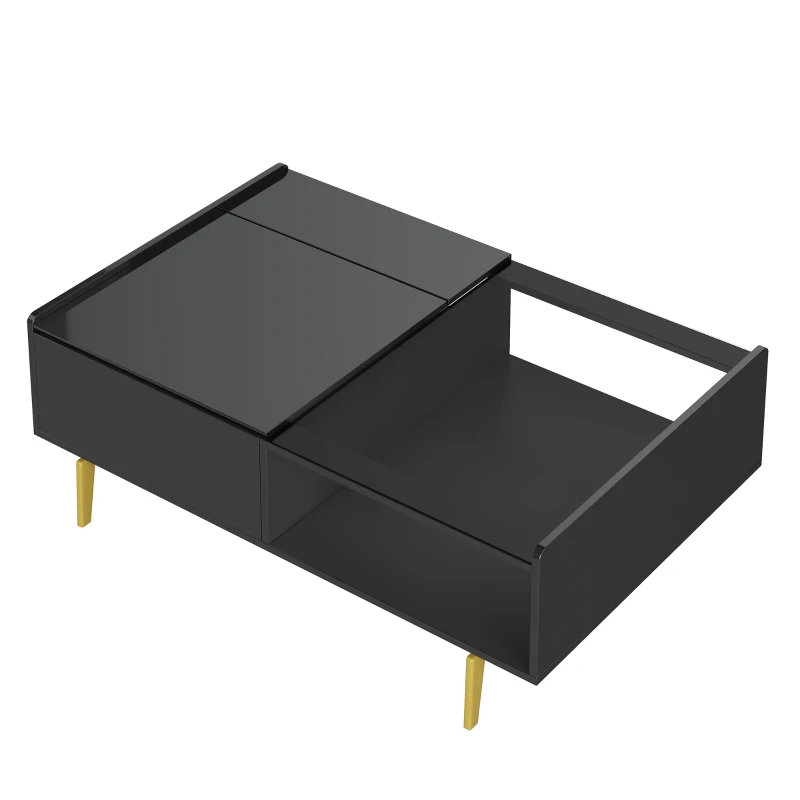 High-Gloss Coffee Table with LED Lighting and Glass Top, Adjustable Heigh, Storage Compartments, Easy to Install, 43.5" L x 21.5" W x 15.5" H, Black