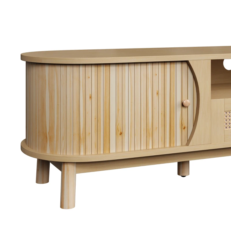 Rattan TV Stand with Solid Wood Doors and Drawers, Natural Country Style Storage Solution, Easy Installation, 65" L x 14.5" W x 18" H, Natural