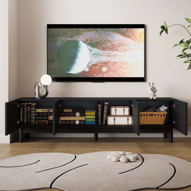 Modern TV Stand with Wave Shaped Doors, Ample Storage and Sturdy Legs, Functional Design, Easy to Install, 66.5" L x 13.5" W x 18" H, Black