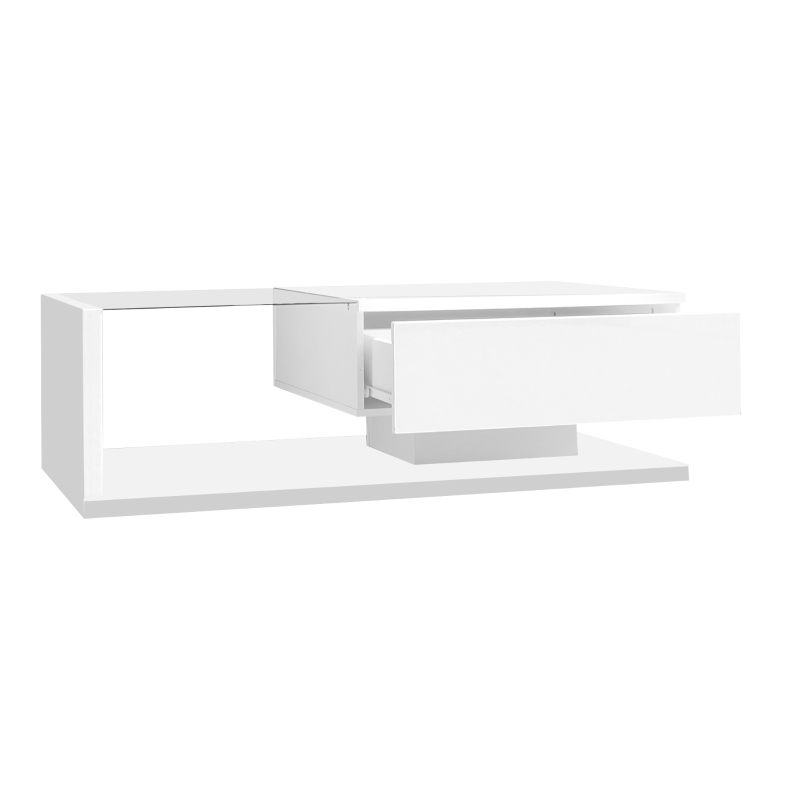 High-Gloss Coffee Table with Glass and LED Effect, Modern Design with Storage Compartment, Easy to Install, 41.5" L x 21.5" W x 12.5" H, White