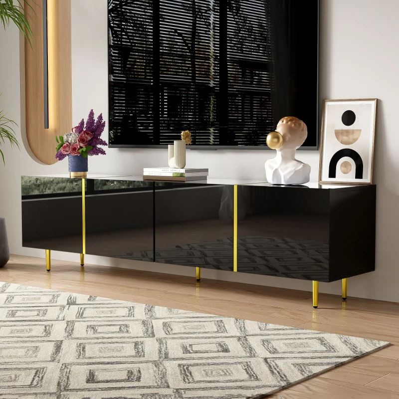 High-Gloss TV Stand with 4 Doors, Modern Design and Soft-Close Hinges, Modern Design, Easy to Install, 67" L x 13.5" W x 18" H, Black