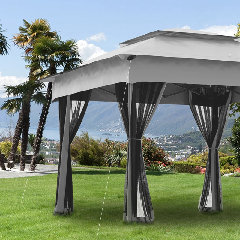 Outsunny 11x11 Canopy Gazebo, Portable Outdoor Patio Shelter with Zipper Mesh Privacy Netting, Carry Bag Included, for Family Use, Light Gray