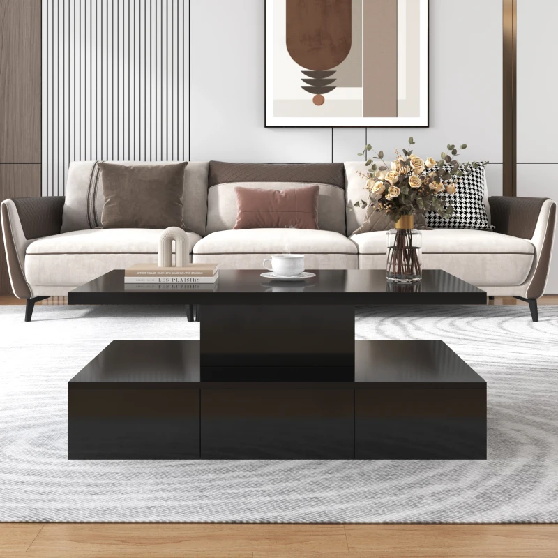 Modern High-Gloss Coffee Table with Hidden Drawer, Durable Particle Board, Modern Design, Easy to Install, 39.5" L x 19.5" W x 15.5" H, Black