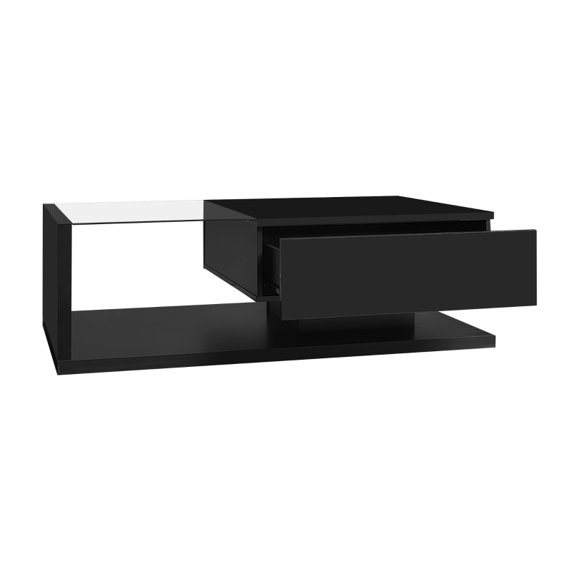 High-Gloss Black Coffee Table with Glass and LED Effect, Spacious Surface and Practical Storage, Easy to Install, 41.5" L x 21.5" W x 12.5" H, Black