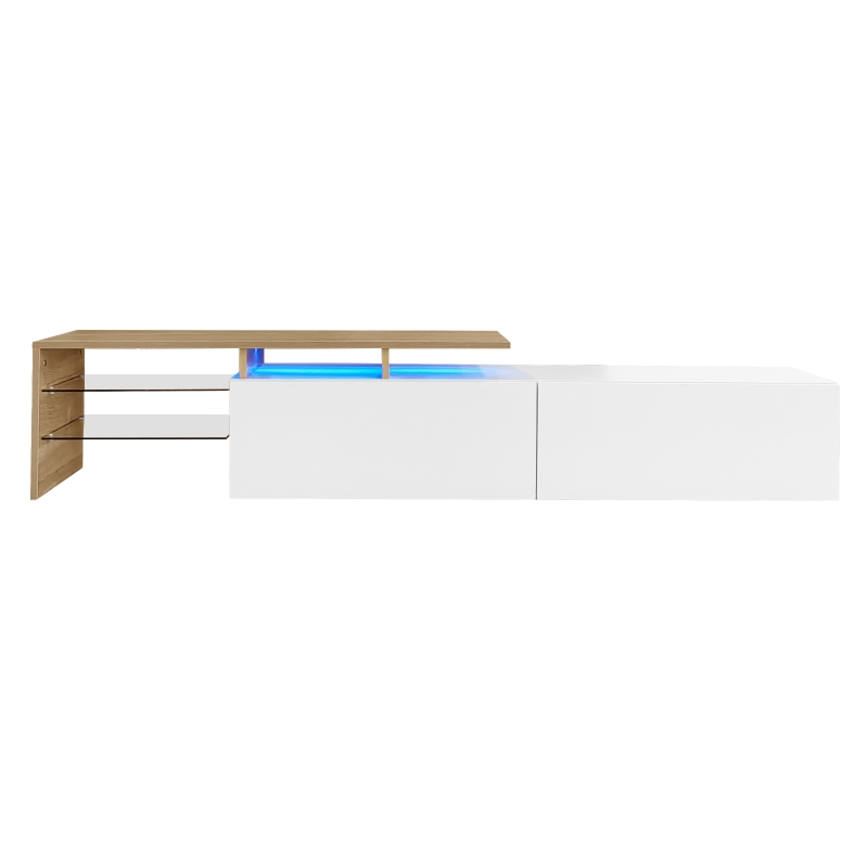 Modern TV Stand with Glass Shelves and LED Lighting, High-Gloss Finish, Smart Storage Solution, 67" L x 13" W x 13" H, White+Natural