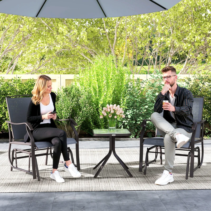 Outsunny 3 Piece Outdoor Glider Chair with Coffee Table Bistro Set, 2 Patio Rocking Swing Chairs with Breathable Sling Fabric, Glass Tabletop, for Backyard, Garden and Porch, Gray