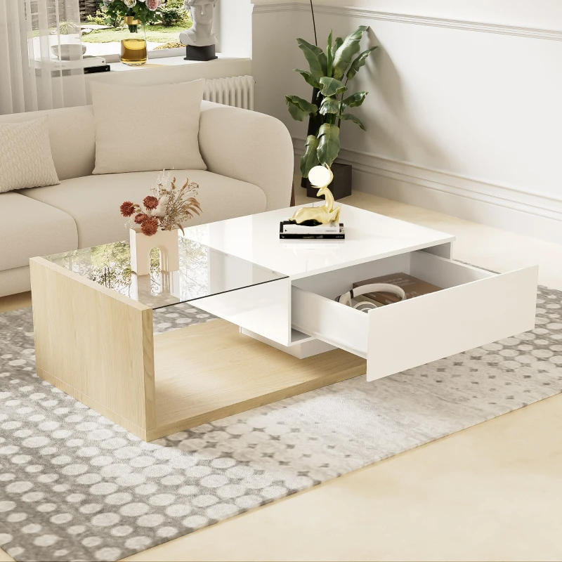 High-Gloss Coffee Table with Glass and LED Effect, Modern Design with Storage Compartment, 41.5" L x 21.5" W x 12.5" H, White+Wood