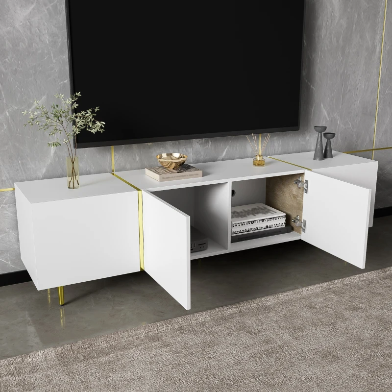 High-Gloss TV Stand with 4 Doors and Modern Minimalist Design, Soft-Close Hinges, Modern Design, Easy to Install, 67" L x 13.5" W x 18" H, White