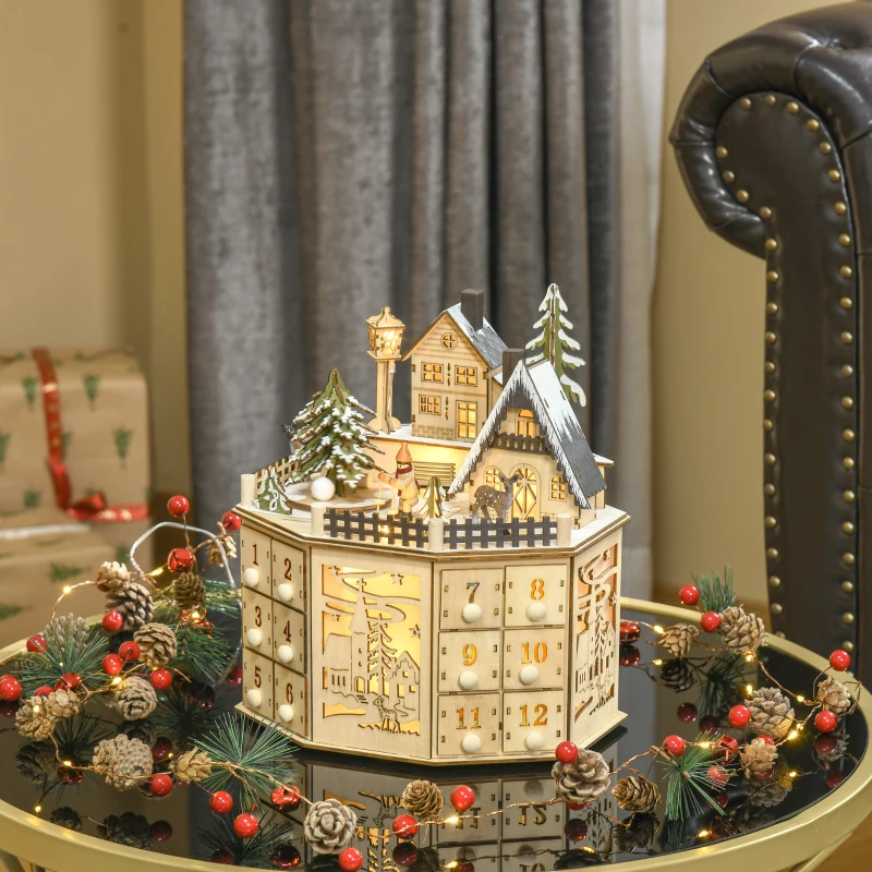 HOMCOM Wooden Christmas Advent Calendar, Lighted 24 Days Countdown to Christmas Table Decoration with Drawers for Kids and Adults, Battery Operated, Natural