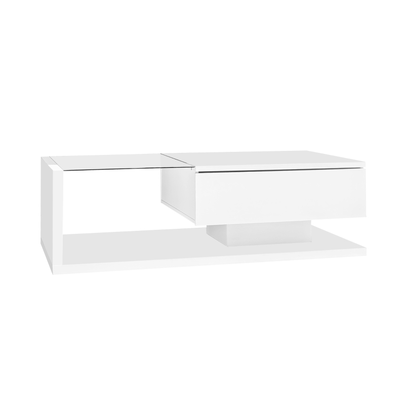 High-Gloss Coffee Table with Glass and LED Effect, Modern Design with Storage Compartment, Easy to Install, 41.5" L x 21.5" W x 12.5" H, White