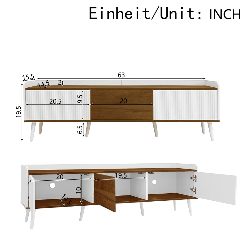 TV Stand with Three Doors and Sturdy Wooden Legs, Raised Edge for Safety, Easy to Install, 63" L x 15.5" W x 19.5" H, White+Natural