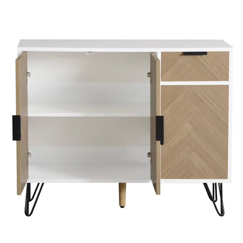 Modern Storage Cabinet with Drawer and Adjustable Shelves, Sideboard with Soft-Close Hinges, 35.5" L x 11.5" W x 28.5" H, White+Wood