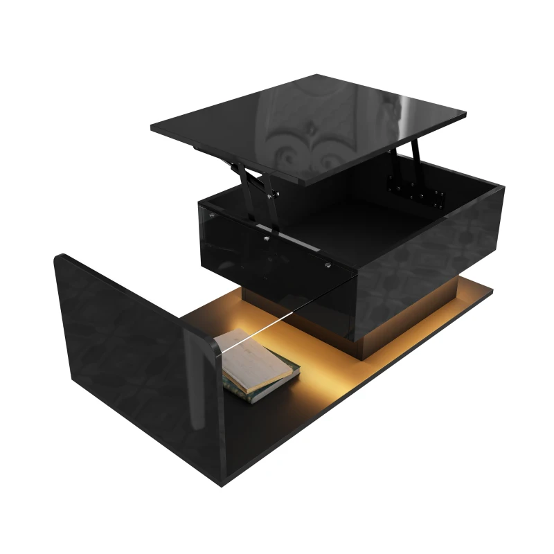 High-Gloss Coffee Table with Tempered Glass Top and LED Light Strip, Adjustable Height, Easy to Install, 39.5" L x 19.5" W x 13" H, Black