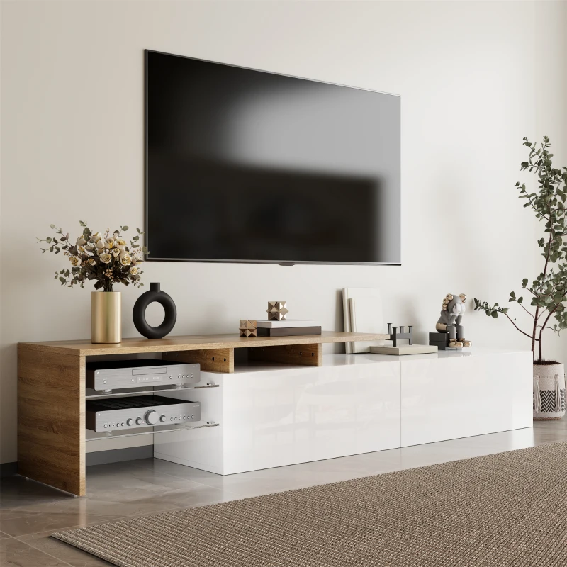 Modern TV Stand with Glass Shelves and LED Lighting, High-Gloss Finish, Smart Storage Solution, 67" L x 13" W x 13" H, White+Natural