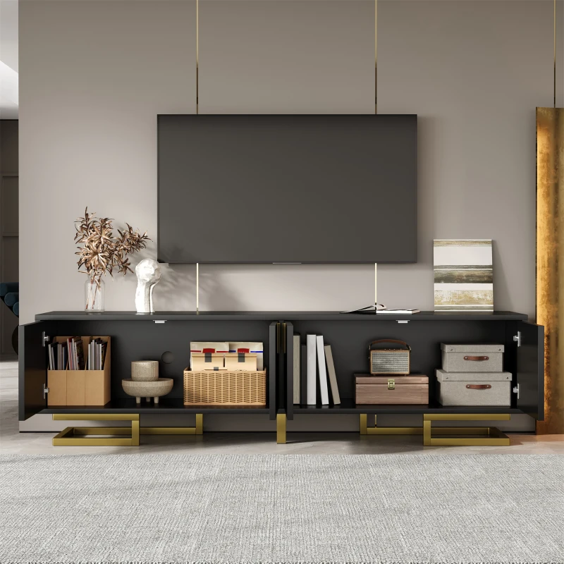 Modern TV Stand with Textured Doors, Gold Handles and Legs, Ample Storage Space, Easy to Install, 63" L x 15" W x 17.5" H, Black