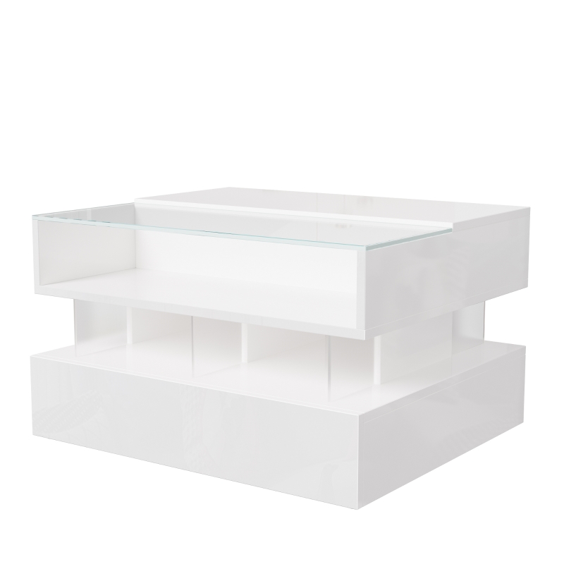 High-Gloss Coffee Table with Glass Top and LED Light, Storage Drawer and Adjustable Height, Easy to Install, 26" L x 21.5" W x 21.5" H, White