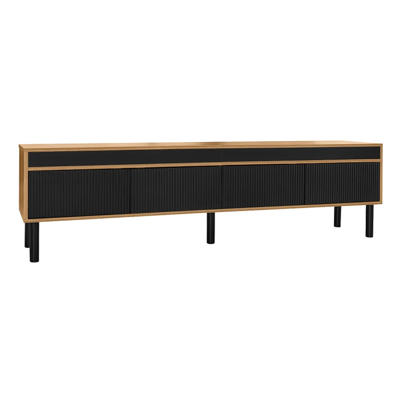 TV Stand with Elegant Stripe Design and Sturdy Wooden Legs, Three Doors, Practical and Easy Access, 67" L x 15" W x 18.5" H, Black+Natural