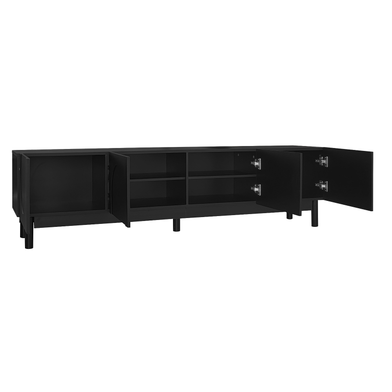 Modern TV Stand with Wave Shaped Doors, Ample Storage and Sturdy Legs, Functional Design, Easy to Install, 66.5" L x 13.5" W x 18" H, Black
